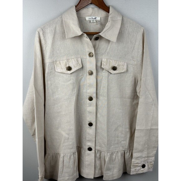 Simply Noelle Jacket Women S/M 8-10 Beige Linen Lace Ruffle Hem Rivet Button - Picture 10 of 13